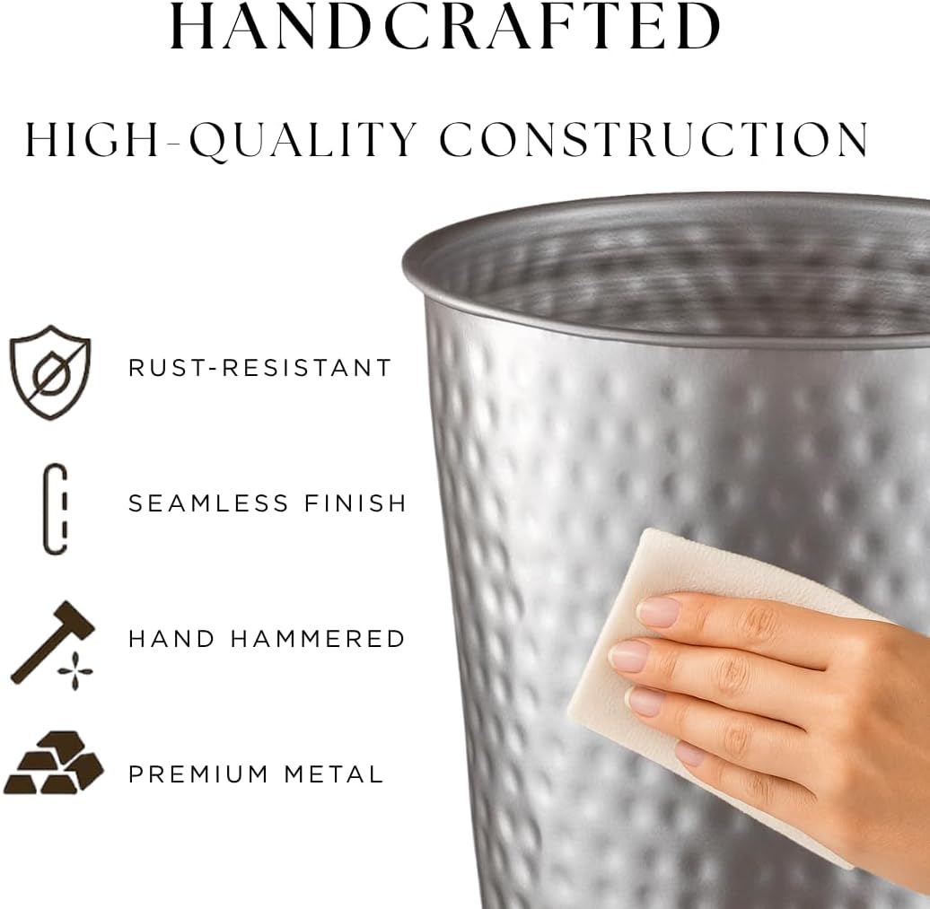 Monarch Abode Pewter Hand Hammered Metal Wastebasket for Home Office Bedroom, Decorative Waste Basket, Modern Bathroom Garbage Can, Durable & Decorative Trash Bin, Pewter Bathroom Trash Can