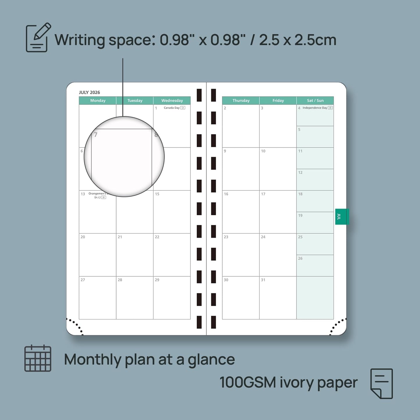 POPRUN 2026 Pocket Planner (Slim Size 3.5" x 6.5") Weekly and Monthly Calendar for Purse, with Hourly Time Slots, 100GSM Thick Paper, Spiral Soft Cover, Pen Holder - Pacific Green