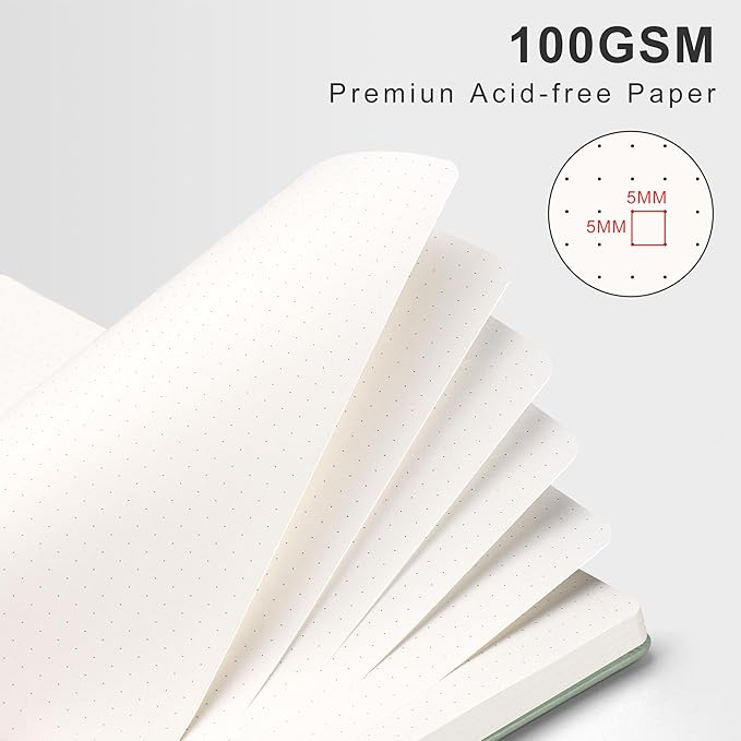 RETTACY Bullet Dotted Journal Notebook, 110 Pages, A4 Large Size (8.5" × 11"), Leather Hardcover, 100 GSM Thick Paper, Spiral-bound, for Bullet Journaling, Planning, Tracking (Light Green)