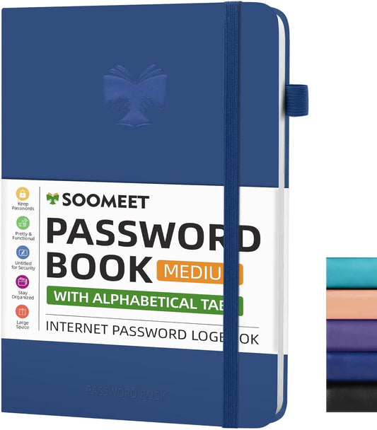 Password Book with Alphabetical Tabs, Hardcover Password Keeper, A5 Size 8.3"x6" Password Notebook for Saving Internet Login, Username, Password Organizer for Computer & Website Logins, Blue
