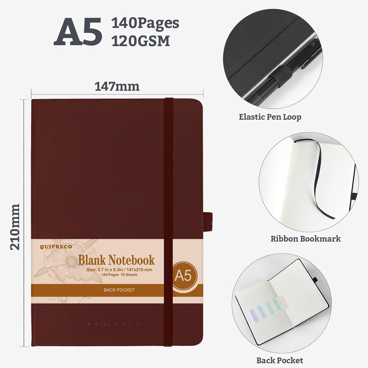 2Pack Blank Hardcover Sketch Book Notebook, A5 140 Pages 120Gsm Thick Journal for Drawing,School,Work,Diary，5.7''*8.3'',Burgundy