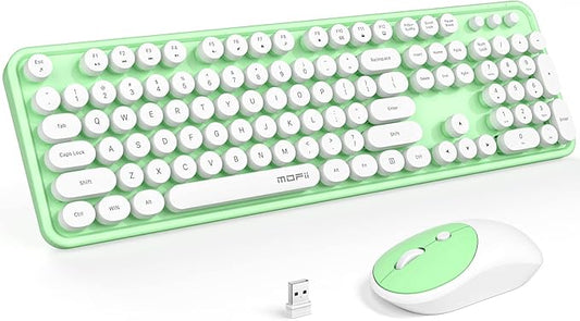 MOFII Wireless Keyboard and Mouse Combo, Computer Full Size 2.4G Plug and Play Wireless Typewriter Retro Round Keyboard and Mouse Set for Windows, Computer, Desktop, PC, Notebook - (Light Green)