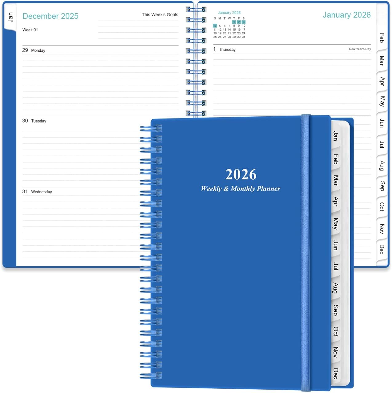 2026 Planner - Planner 2026 from January 2026 - December 2026, Weekly & Monthly Planner Spiral Bound with 12 Monthly Tabs, Inner Pocket, 6.4" x 8.5", Blue