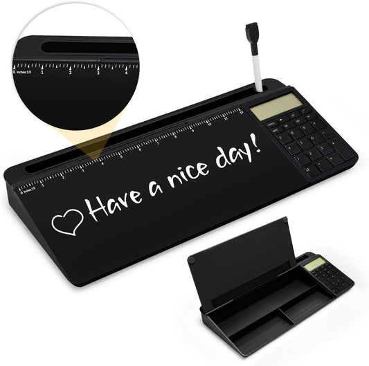 Desktop Glass Whiteboard with Calculator(12 Digit LCD Display) & Ruler Marker,Tilted Notepad Computer Keyboard Stand with Black Dry Erase Board Surface, Desk Organizers with Accessories,Black