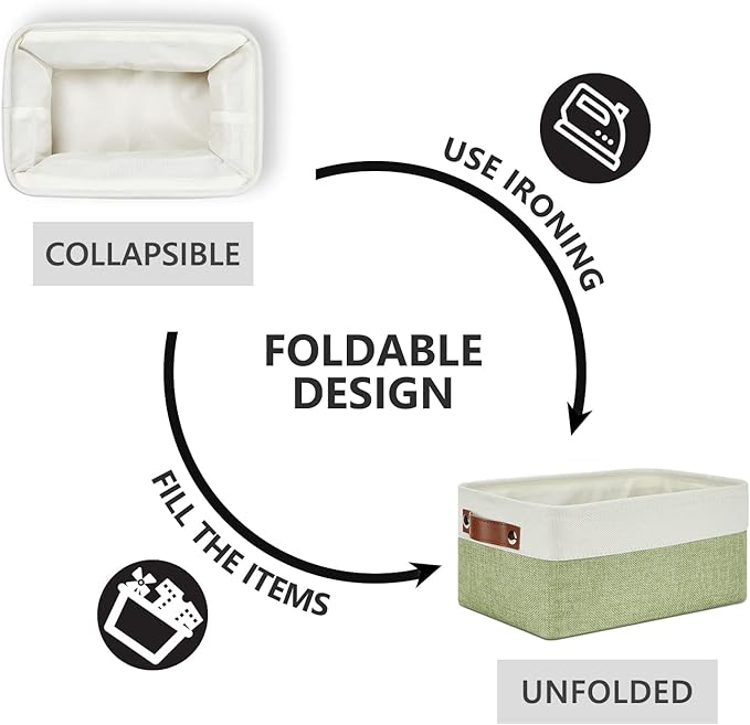 DULLEMELO Storage Baskets for Shelves, Small Fabric Collapsible Rectangular Storage Baskets for Organizing, Closets, Nursery, Home, Office, Empty Gift Baskets (6-Pack, White&Green)