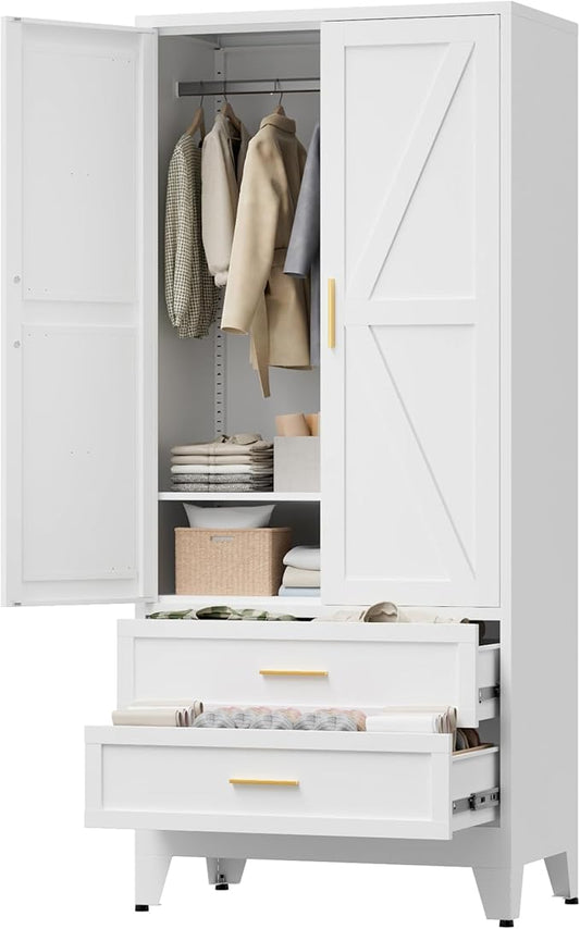 71" Tall Metal Wardrobe Cabinet with 2 Drawers and Hanging Rod, 2 Doors Armoire Wardrobe Closet with Shelf for Bedroom, Office, Laundry Room, White