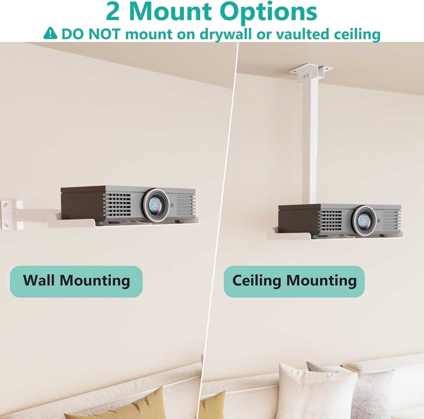 WALI Projector Ceiling Mount Tray，Projector Wall Mount Holds up to 22lbs，Height Adjustable Universal Projection Mount Tray 13.7'' x 8.6'', No Hole Installation, Hidden Cable Routing, White (PM-005-W)