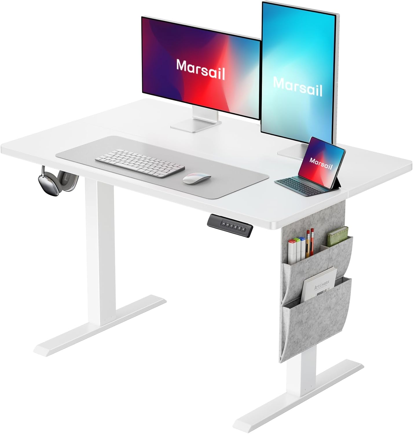 Marsail 40x24 Electric Adjustable Height Standing Desk with Storage Bag, 4 Memory Height Settings,Sit Stand Up Desk for Home Office,Computer Gaming Workstation, Cable Manager, and Headphone Hook