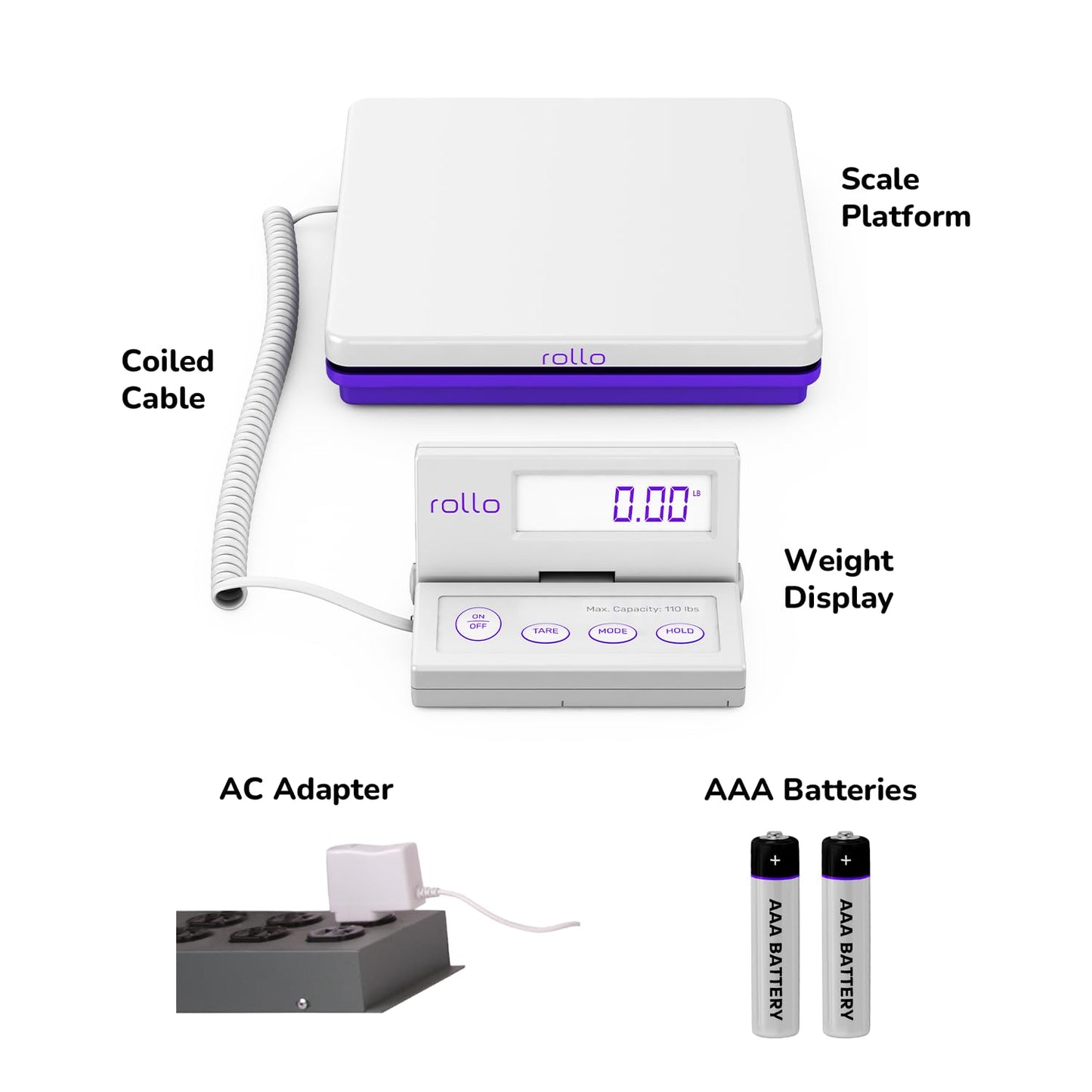 Rollo Shipping Scale For Packages - Digital Shipping Postal Scale (110 Lb Max) - Hold and Tare Functions - Includes AC Adapter and 2x AAA Batteries