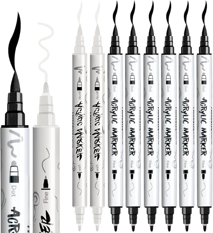 TRANSON 6 Black and 2 White Paint Markers Brush and Fine Dual-tip Acrylic Paint Marker for Rock Glass Canvas Wood Leather Ceramic DIY Painting