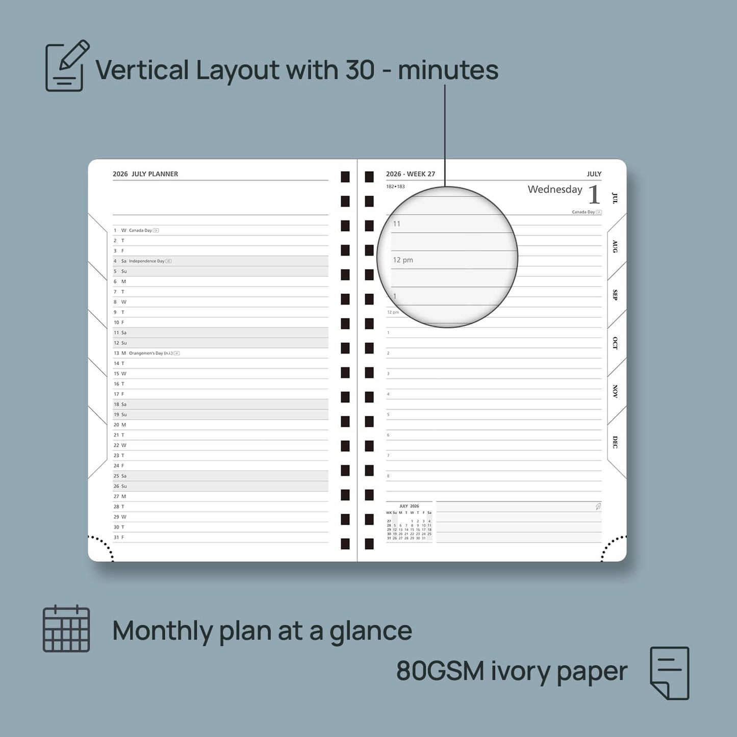 POPRUN 2026 Daily Planner One Page A Day - [8.5" x 5.75" Wire-Bound Hard Cover] Agenda 2026 Hourly Appointment Book with Monthly Calendar, Inner Pocket, Ivory Paper - Black