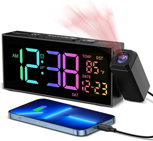 Netzu Projection Clock for Bedroom Ceiling, Alarm Clocks with 180° Rotatable Projector, Date Temperature and Weekday, Manual DST, 5 Brightness, 10 Ringtones, 4 Volumes and Snooze (RGB)
