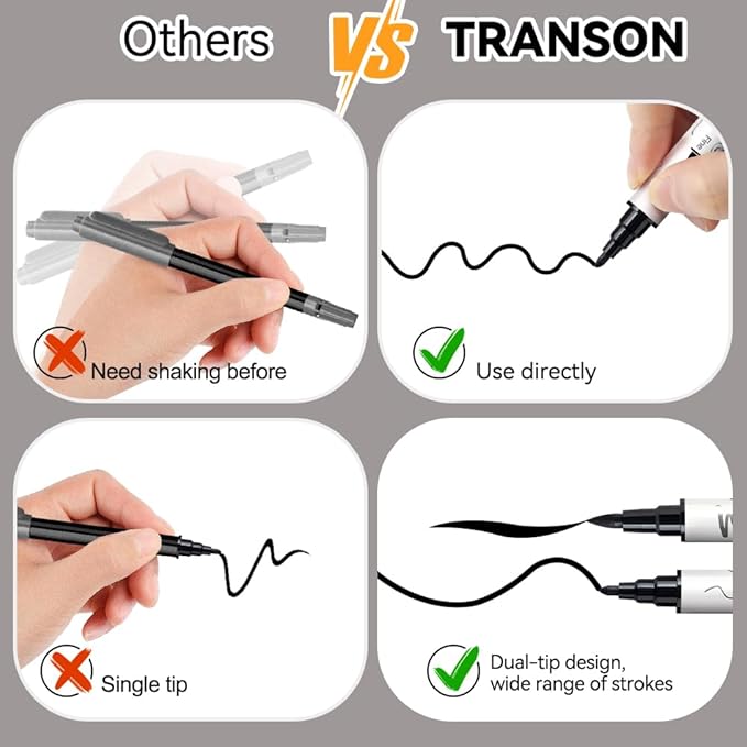 TRANSON 6 Black and 2 White Paint Markers Brush and Fine Dual-tip Acrylic Paint Marker for Rock Glass Canvas Wood Leather Ceramic DIY Painting