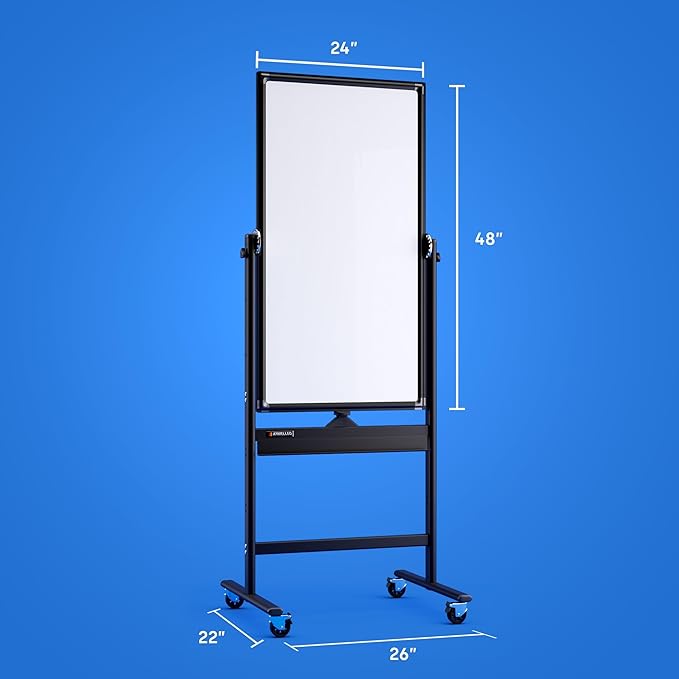Rolling Dry Erase Board 24 x 48 - Large Portable Magnetic Whiteboard with Stand - Double Sided Easel Style Whiteboard with Wheels - Mobile Standing White Board for Office, Classroom & Home