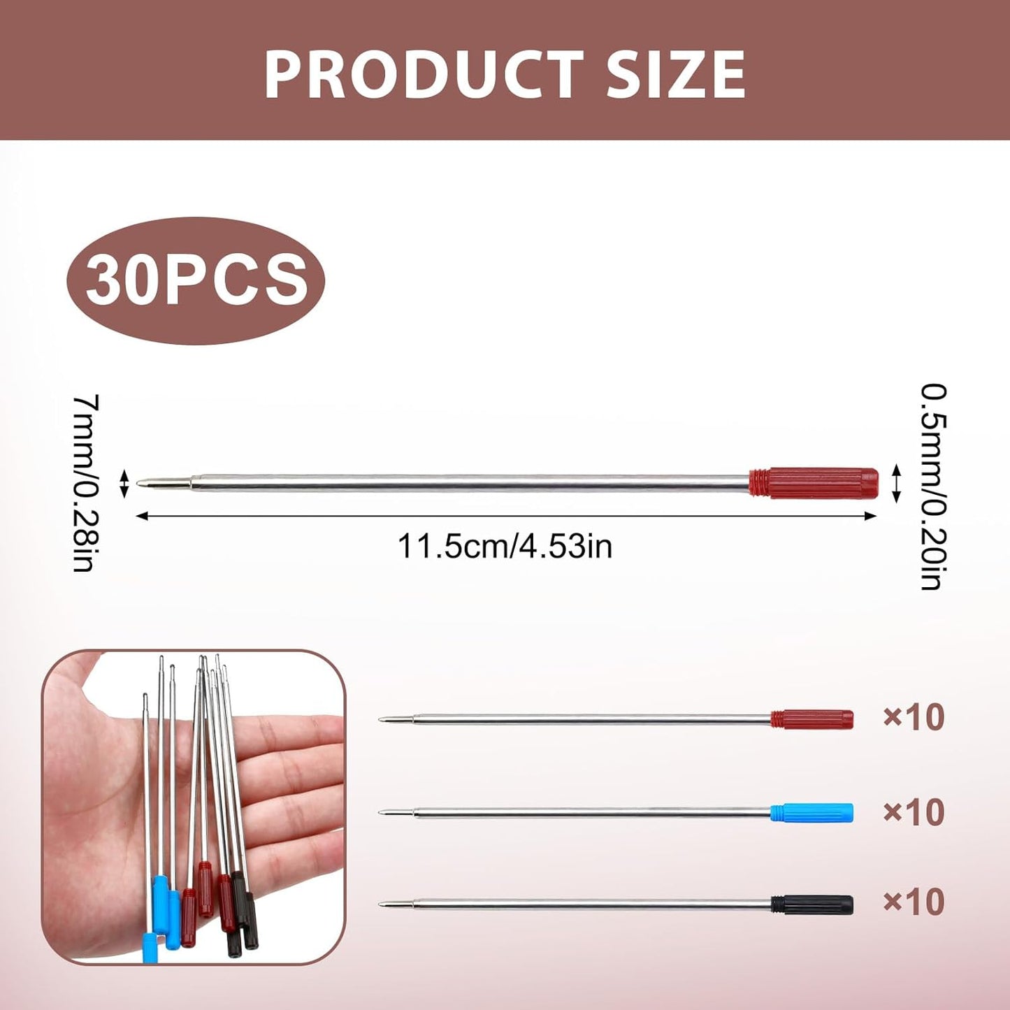 0.7 mm Ballpoint Ink Twist Pen Refills, 15 Pcs Medium Point Metal Smooth Writing Replaceable Ink Refill, Stationery Compatible for Cross Ballpoint Replacement (4.6in M) (Black+Red+Blue, 30)