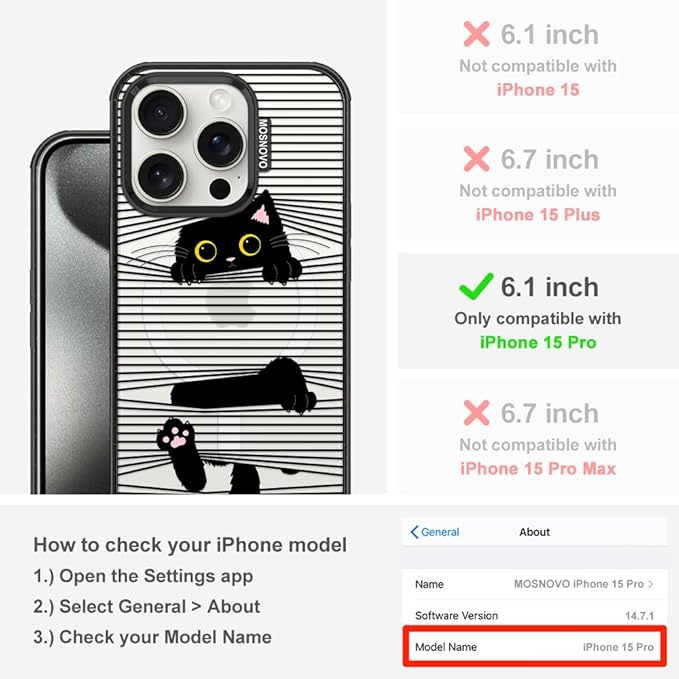 MOSNOVO Magnetic Case for iPhone 15 Pro, 10ft Military-Grade Protection, Compatible with Magsafe, Shockproof Phone Case for iPhone 15 Pro - Hidden Black Cat - Clear Black