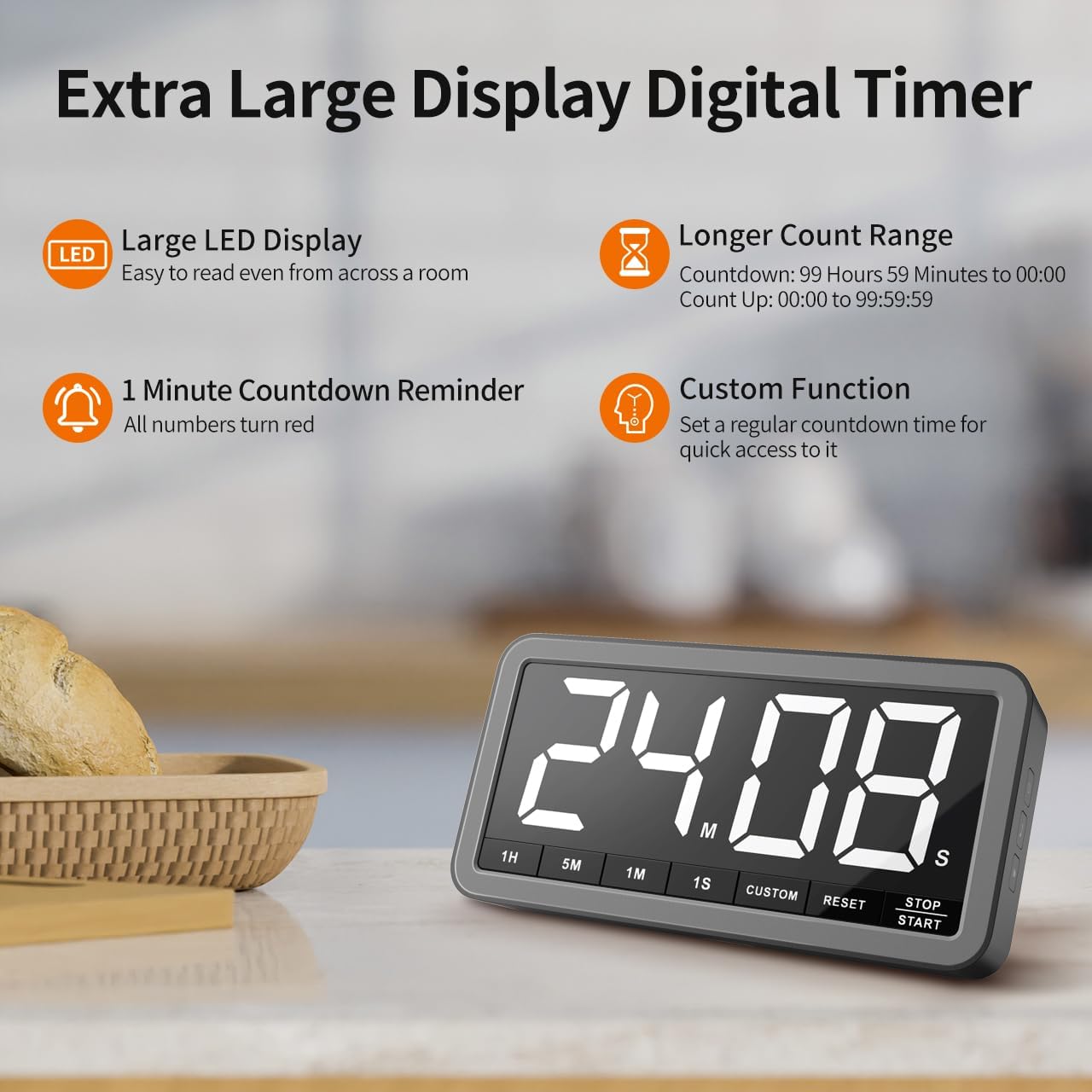 VOCOO Digital Kitchen Timer with 7.8” Extra Large Display, Magnetic LED with 3 Brightness, 4 Alarms and 3 Volume Levels, Battery Powered Countdown Count Up Timer for Cooking, Classroom, Home Gym