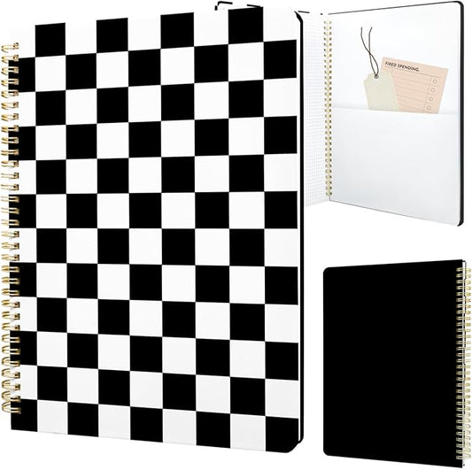 Cute Spiral Notebook journal A4 Aesthetic Pretty Design for Women Girls Kawaii with Pocket, 8.5 x 11 inch, Graph, Black Plaid