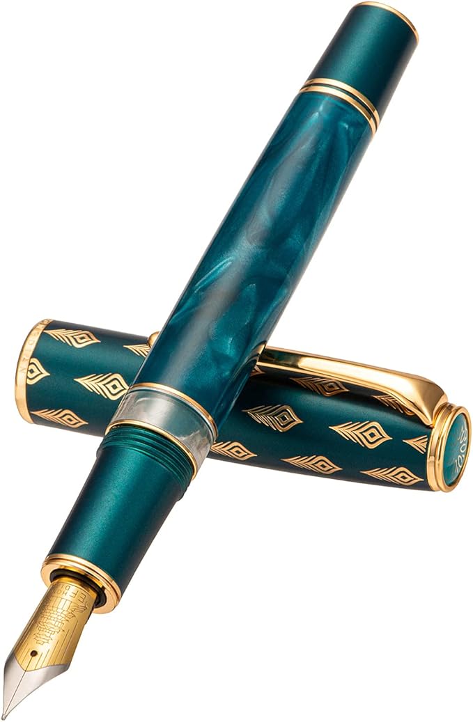 Hongdian N7 Blue Peacock Resin Piston Fountain Pen, Iridium Fine Nib Classic Pen, Smooth Writing Pen with Metal Box