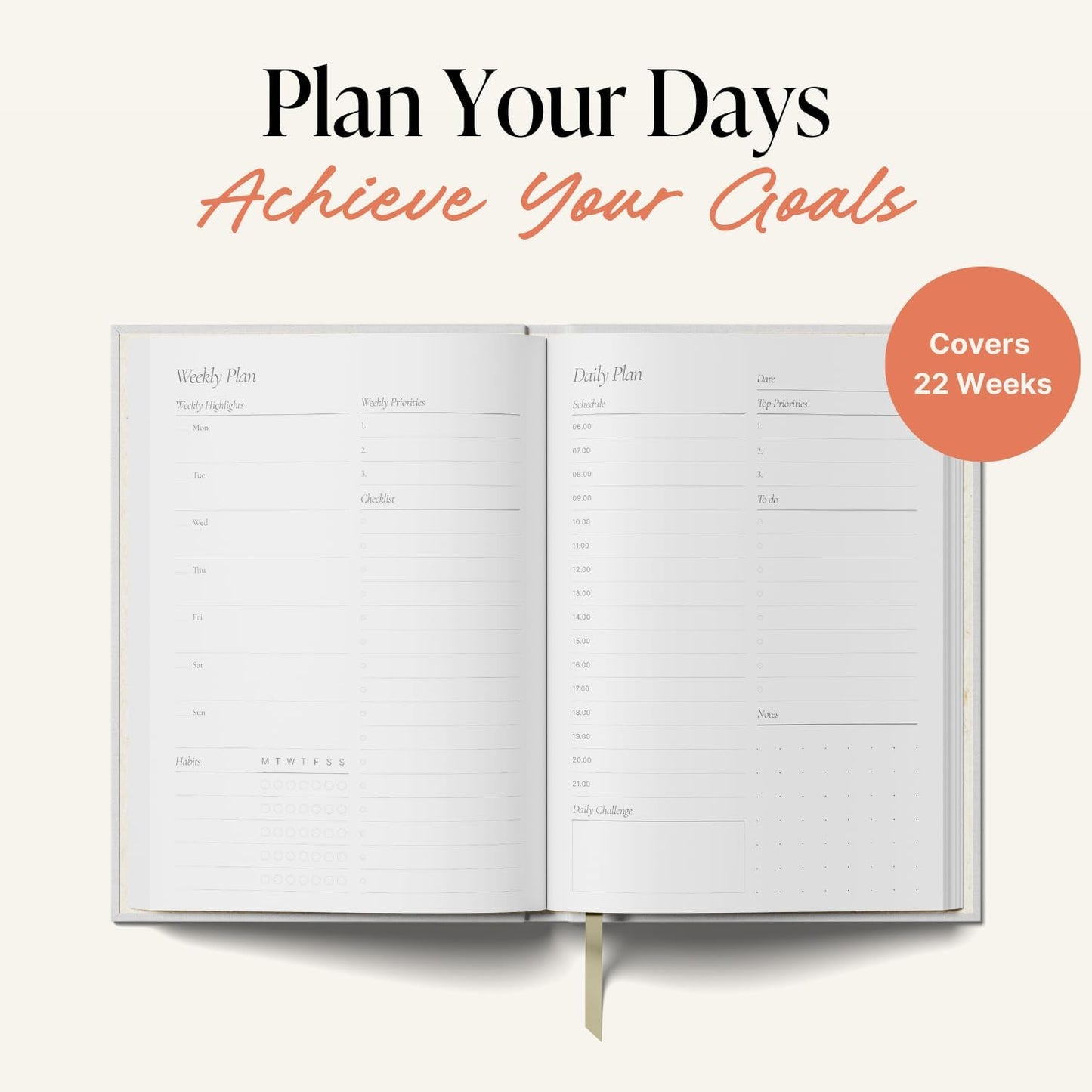 Yop & Tom Undated Daily Planner - Productivity Planner - Weekly and Daily Organizer with Time Slots - Sand