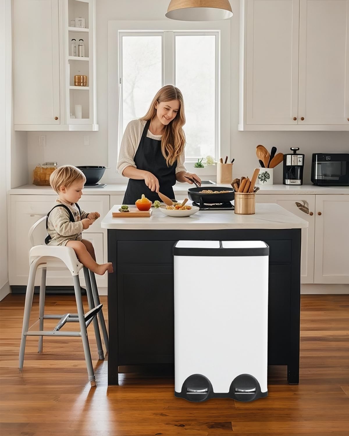 60L Dual Compartment Stainless Steel Trash Can, 16 Gallon White Kitchen Garbage Bin with Silent Sealed Lids, Pedal & Recyclable Waste Bins for Home/Office