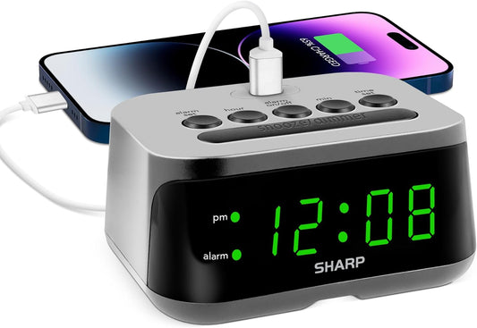 Sharp Digital Alarm Clock with Super Fast USB-C Charge Port & Green LED Display