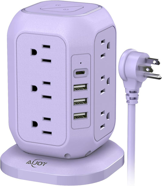 USB C Power Strip Tower, Surge Protector with 12 AC Outlet and 4 USB Ports, AiJoy 10 FT Extension Cord, 1200J Power Strip Surge Protector, USB Charging Station, Office Supplies, Dorm Essentials, Woman