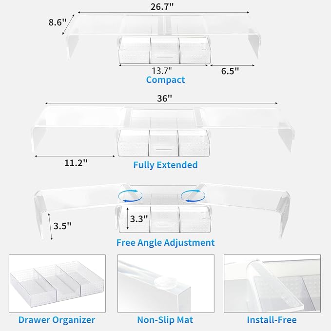 Clear Acrylic Desk Organizers and Accessories, Dual Computer Monitor Stand Riser with Drawer, Desk Shelf for Monitor, Workspace Desktop Organization for Office Supplies