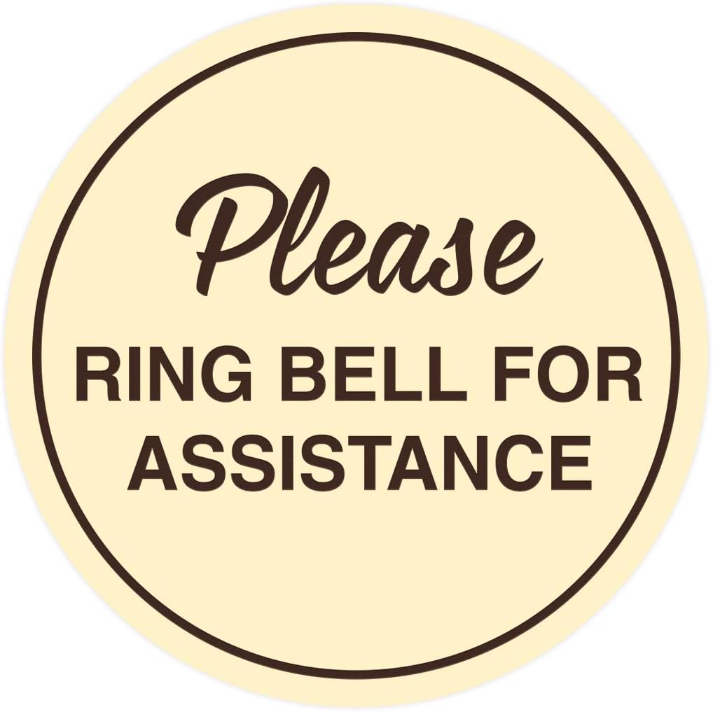 Signs ByLITA Circle Please Ring Bell For Assistance Wall or Door Sign | Easy Installation | Front Desk Reception Sign (Ivory/Dark Brown) - Large (5 Pack)