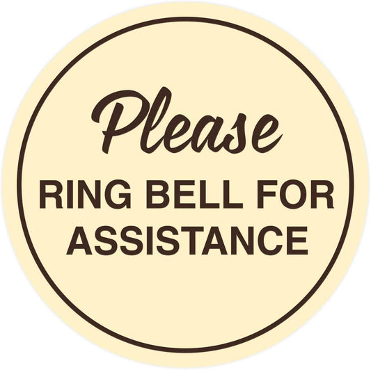 Signs ByLITA Circle Please Ring Bell For Assistance Wall or Door Sign | Easy Installation | Front Desk Reception Sign (Ivory/Dark Brown) - Large (5 Pack)