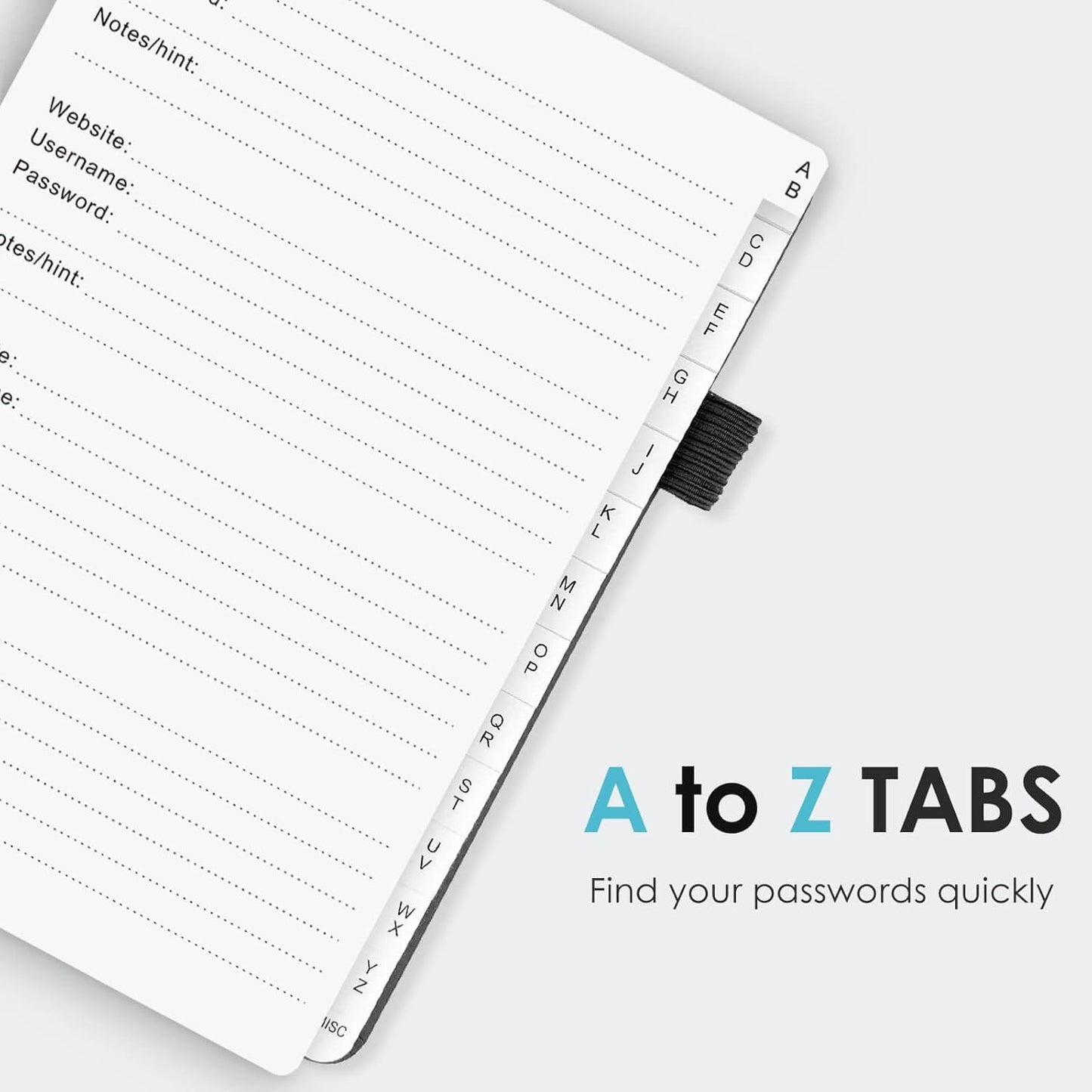 Elegant Password Book with Alphabetical Tabs - Hardcover Password Book for Internet Website Address Login - 7" x 10" Password Keeper and Organizer w/Notes Section & Back Pocket (Black)