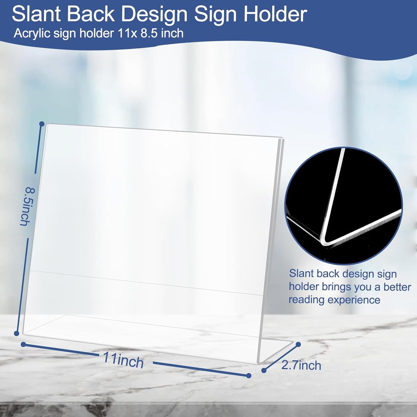 Slanted Back Acrylic Sign Holder 8.5 x 11 Horizontal, Clear Tabletop Stands for Display 11 x 8.5, Plastic Paper Holders for Office, Home, Restaurant (6 Pack)