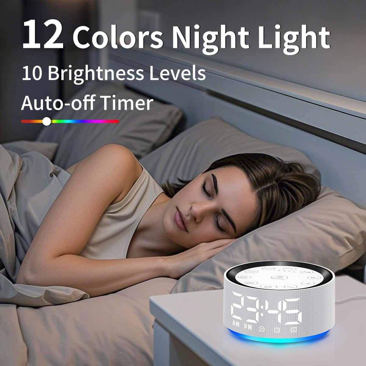 Brown Noise Machine Bedroom Alarm Clock Sound White Noise Machine Night Light with 30 Sleeping Sounds for Baby Kids Adults 2 Alarms Backup Battery 32-Level Vol 15 Wake up Sounds for Mild Heavy Sleeper