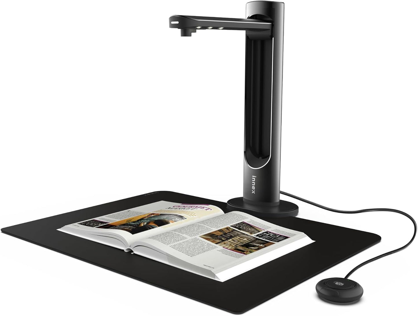 Innex DS200 Professional USB Book Scanner, 26MP, A3 Document scan, 120+ Language OCR, Auto-Flatten & Deskew, Finger Removal, Built-in Mic and LED lamp, Hand Button & Foot Pedal, for Windows/MacOS