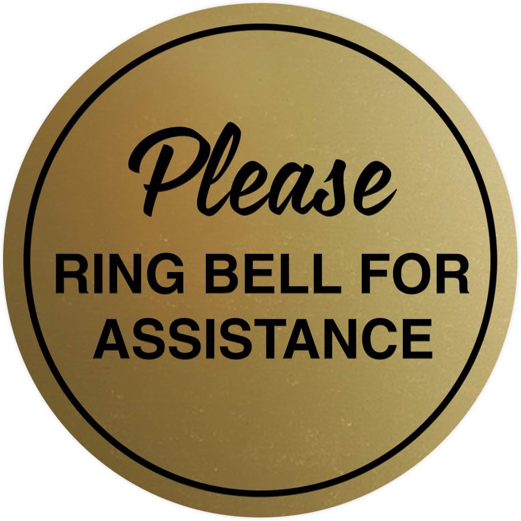 Signs ByLITA Circle Please Ring Bell For Assistance Wall or Door Sign | Easy Installation | Front Desk Reception Sign (Brushed Gold) - X-large (10 Pack)