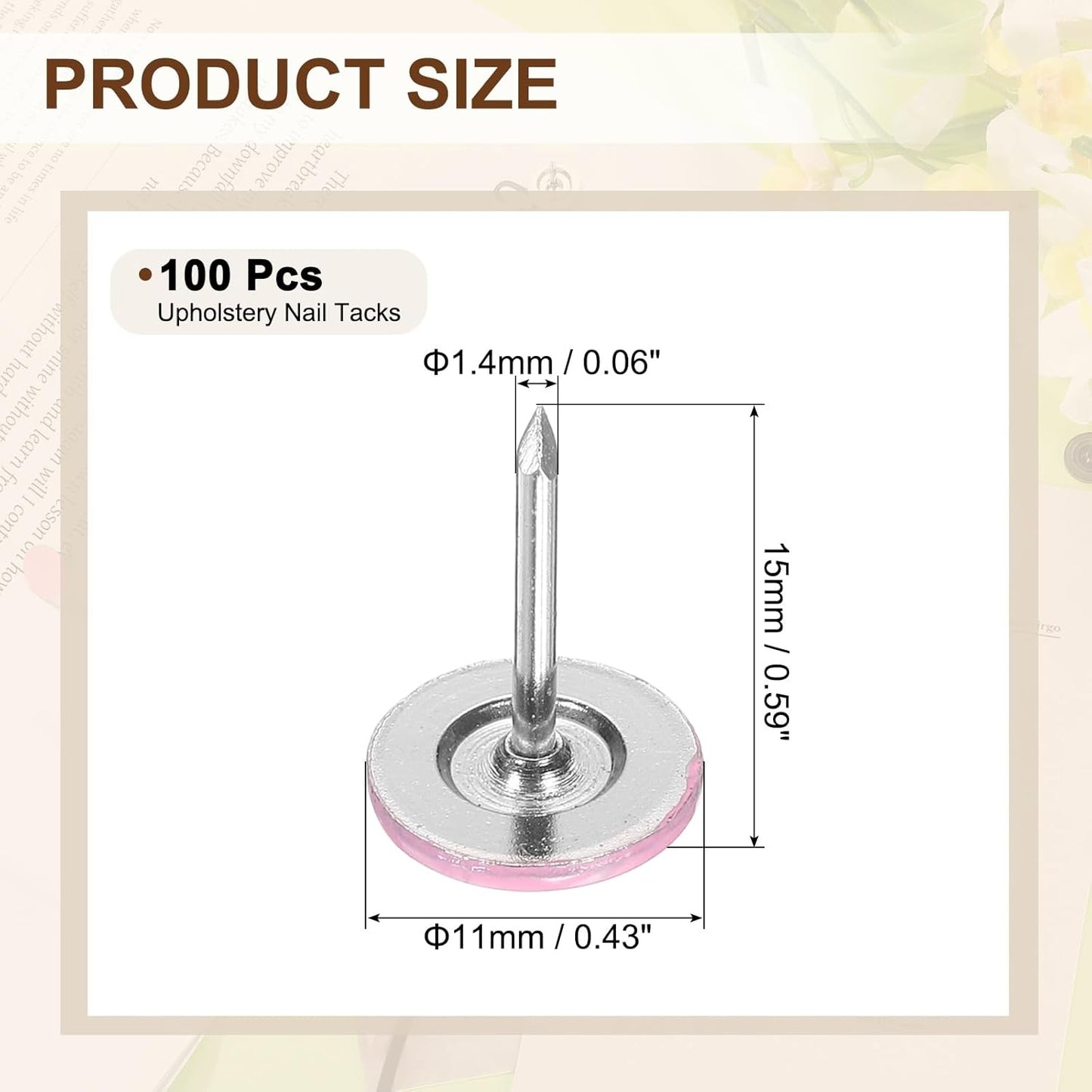 uxcell 100Pcs Upholstery Tacks, 11mmx15mm Flat Head Thumb Tack Decorative Furniture Nails Push Pins for Furniture Sofa Headboards, Pink