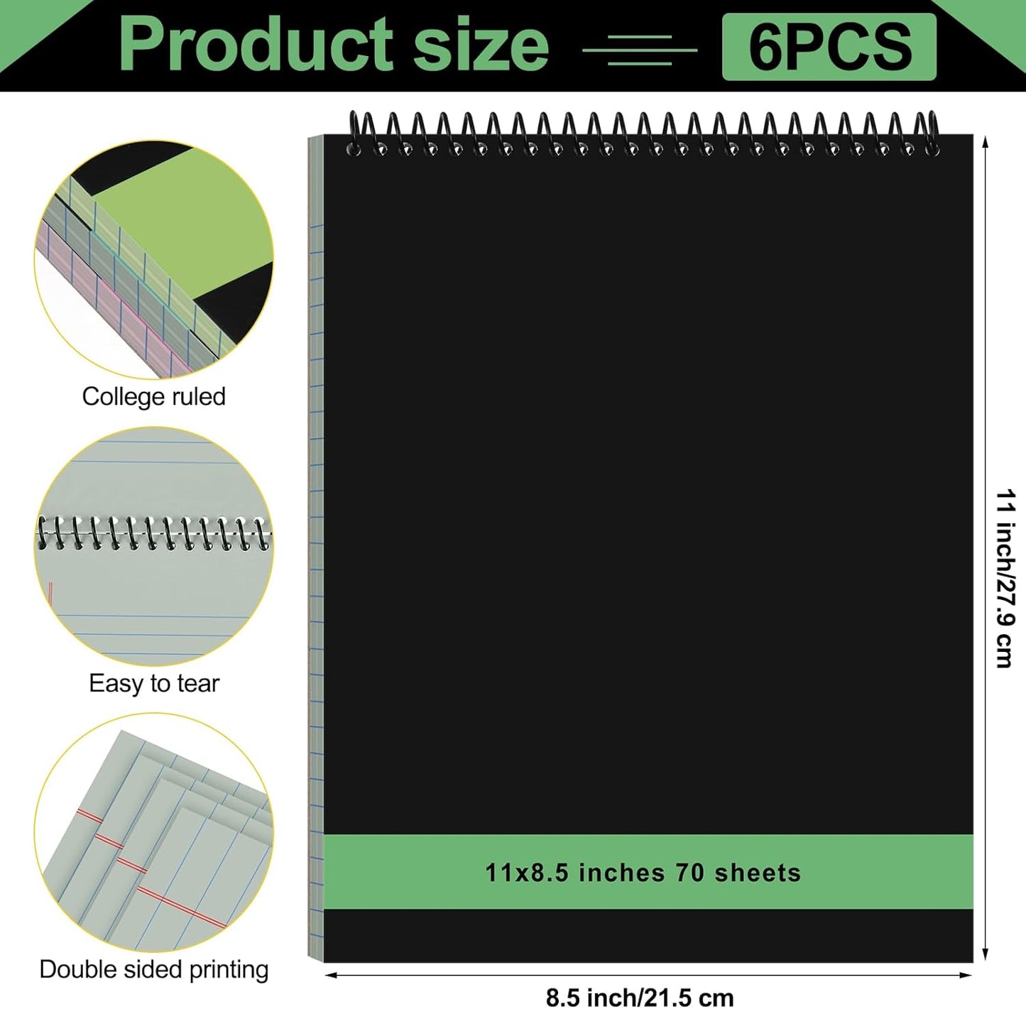 6 Pcs Legal Pad Top Spiral Bound Notebook 70 Sheets Wirebound Notepad Double Sided Ruled Memo Steno Pad with Stiff Back Cover for Business(8.5 x 11 Inches,No Holes,Neutral Color)