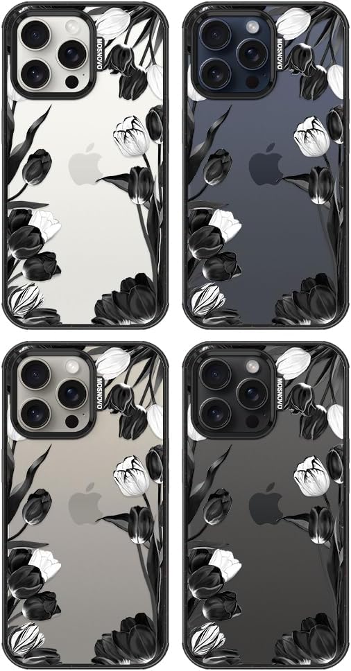 MOSNOVO Case for iPhone 15 Pro Max, [10ft 4X Military-Grade Drop Protection] Durable & Shockproof Phone Case Cover Design for iPhone 15 Pro Max - Black White Tulips - Clear Black