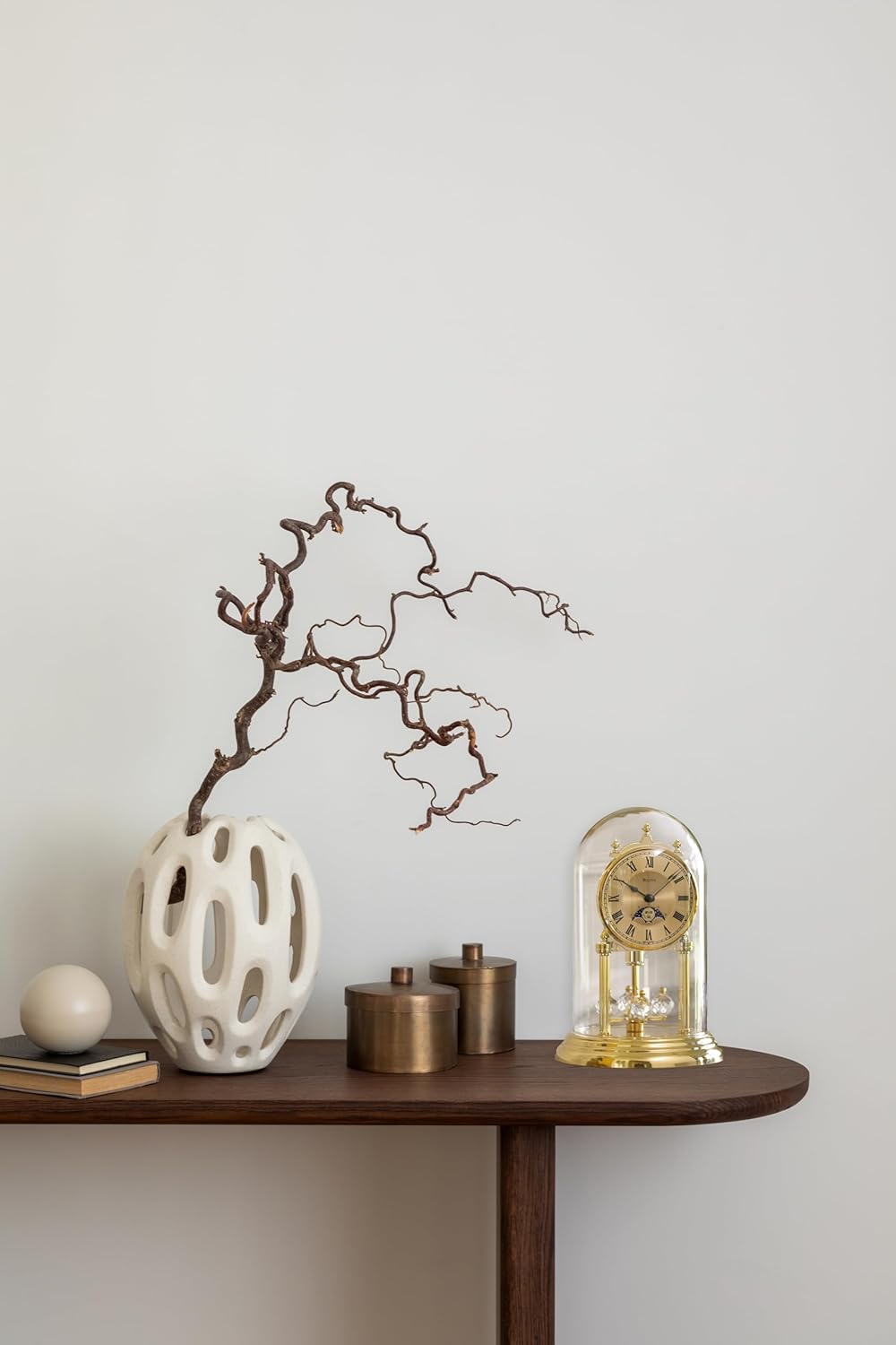 Bulova Tristan I Desk and Table Clock | Model B8818 | Polished Brass Finish | Polished Metal Base | Floating Dial | Roman Numerals | Elegant Pendulum Design