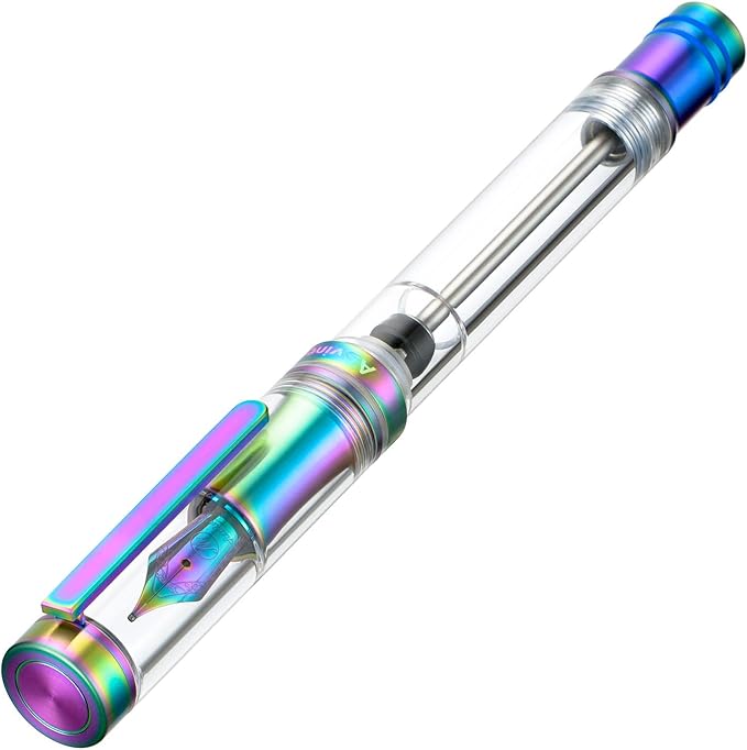 Asvine V200 Titanium Fountain Pen Vacuum Filling, Rainbow Medium Nib Clear Demonstrator Acrylic with Pen Case and Wrench