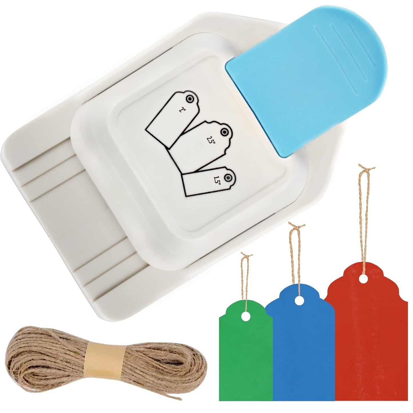 Paper Craft Tag Punch 1.5" 2" 2.5" - with 1 roll Hemp Rope 32ft - Tag Shape Lever Action Craft Puncher for Paper Crafting Scrapbooking Cards Arts for DIY Projects