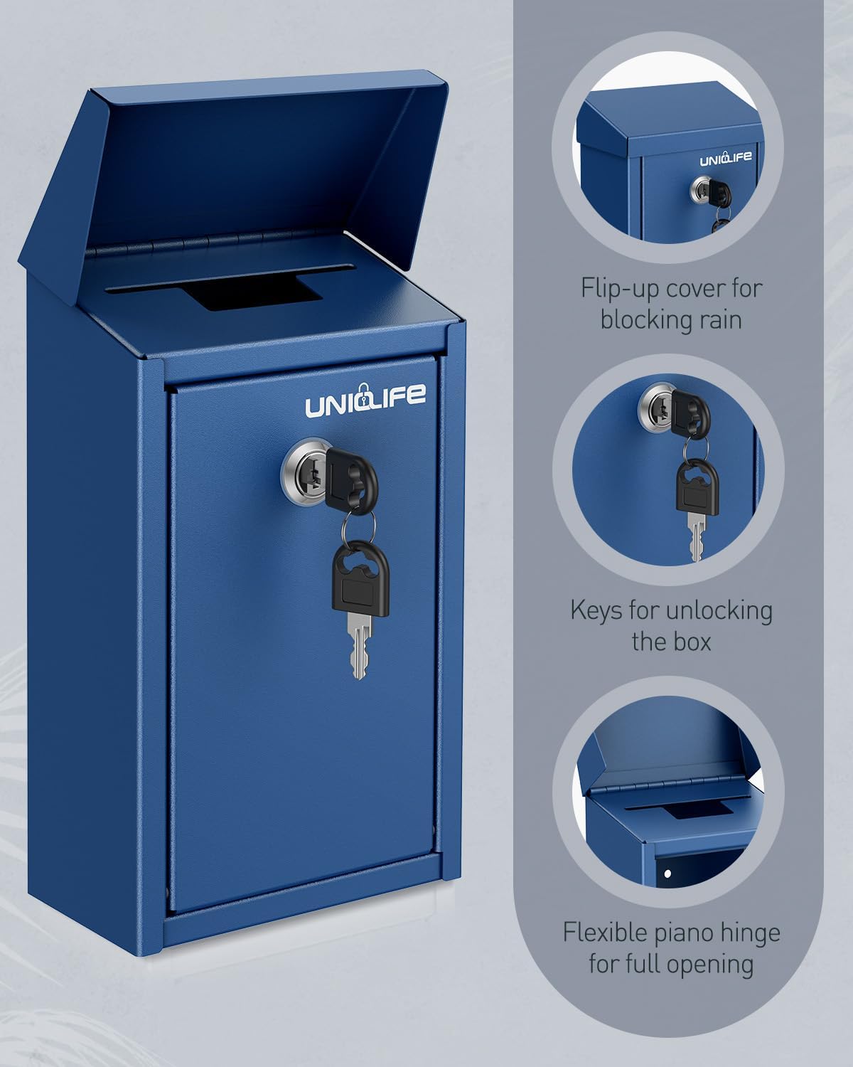 Uniclife Key Drop Box for Outside, Blue Metal Donation Box Collection Boxes with Key Lock, Safe Suggestion Boxes, Wall Mounted Mailbox with Top Slot, Steel Cash Drop Chest for Office Business