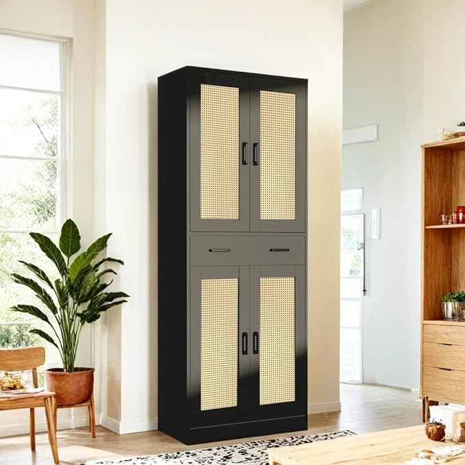 71" Tall Black & Rattan Pantry Cabinet - Boho Chic Kitchen Storage with Doors & Drawer for Dining Room, Hallway or Kitchen Organization