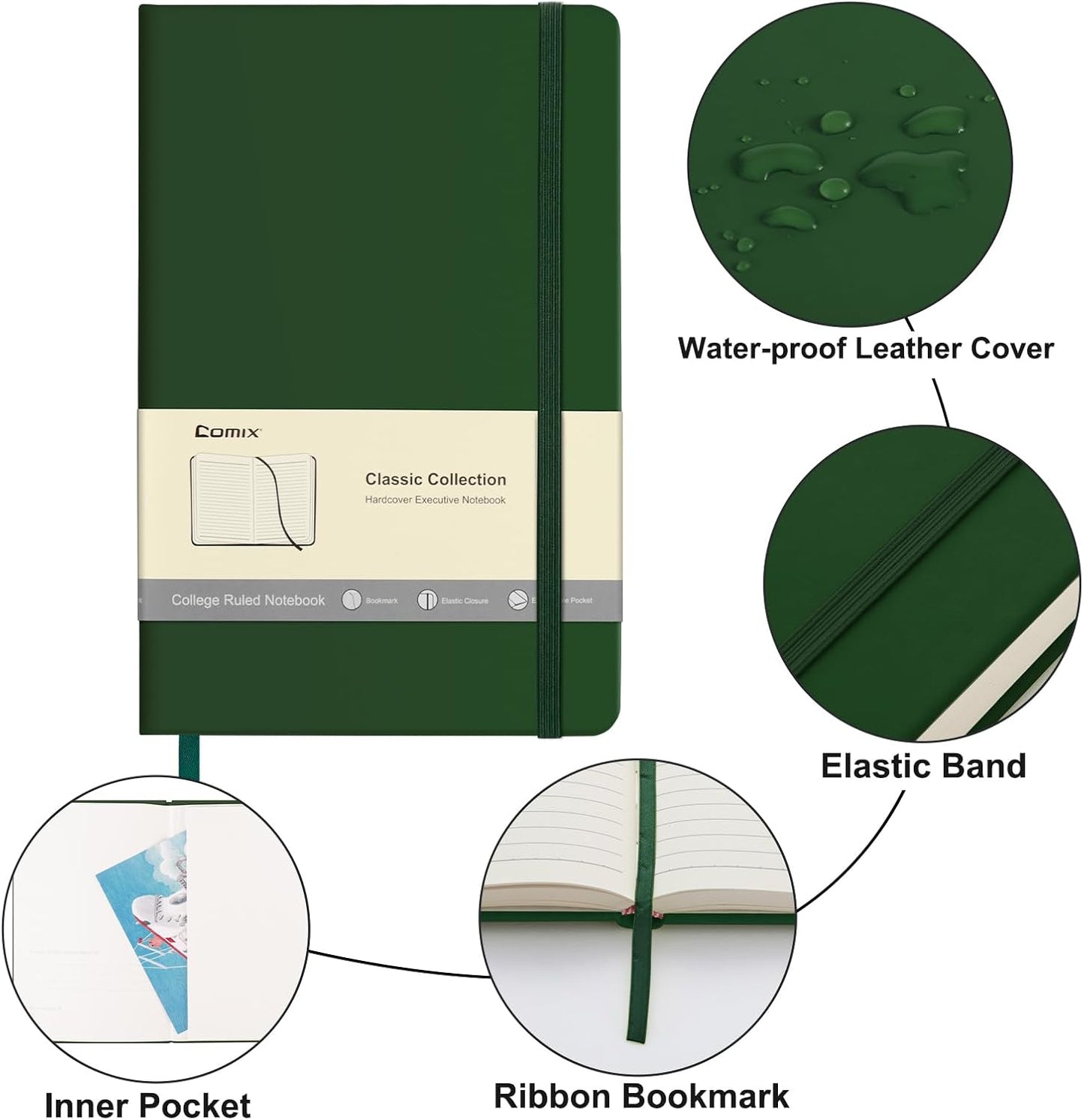 Comix 6 Pack Lined Journal Notebooks for Work, 240 Pages, 5.5"x8.3", Dark Green, Hardcover, A5 Medium College Ruled, Journaling Notebooks for Notes-taking, Fits for Office School Home