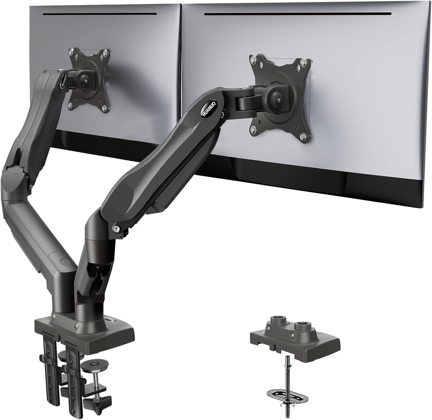 HUANUO Dual Monitor Stand - Full Adjustable Monitor Desk Mount Swivel Vesa Bracket with C Clamp, Grommet Mounting Base for 13 to 32 Inch Computer Screens - Each Arm Holds 4.4 to 19.8lbs -Grey