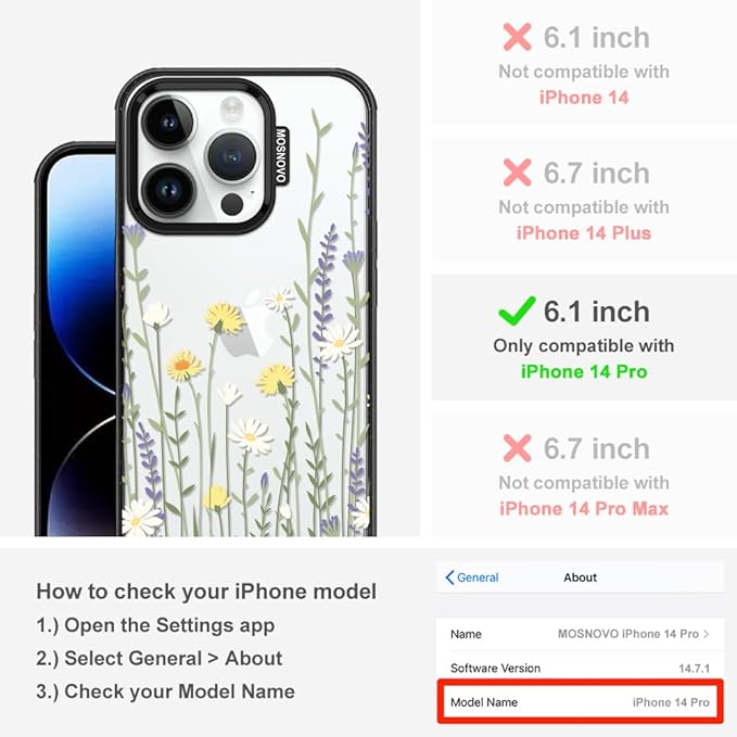 MOSNOVO Case for iPhone 14 Pro, [10ft 4X Military-Grade Drop Protection] Durable & Shockproof Phone Case Cover Design for iPhone 14 Pro - Wild Meadow - Clear Black
