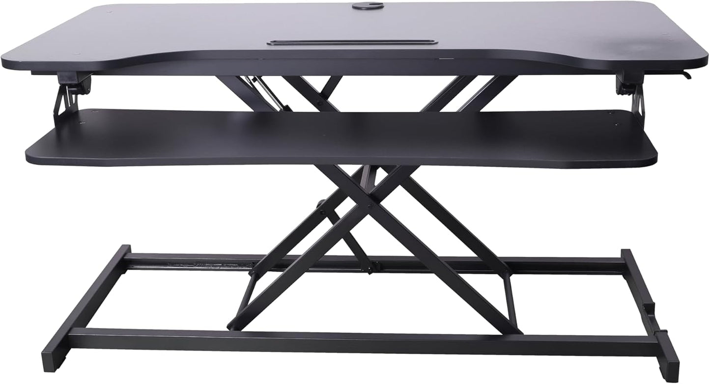 Rocelco 43" Height Adjustable Standing Desk Converter with Premium Dual Monitor Arm Mount - Tall Stand Up Tabletop Riser and Tablet Slot - Computer Workstation - Keyboard Tray - Black (R VADRB-43-MA2)