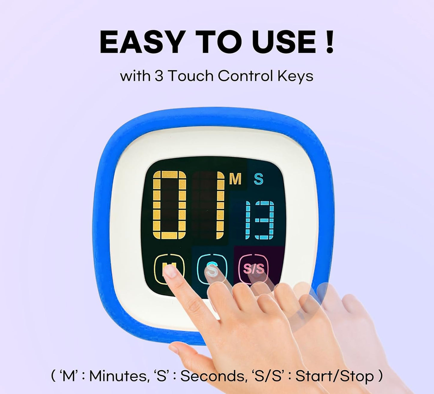 Digital Kitchen Timer, Countdown, Countup, Protective Rubber case, Large Display with Color Bold Digits, Touch Control, Backlit, Magnetic Kickstand, Loud Alarm, Auto Memory (Sky Blue)