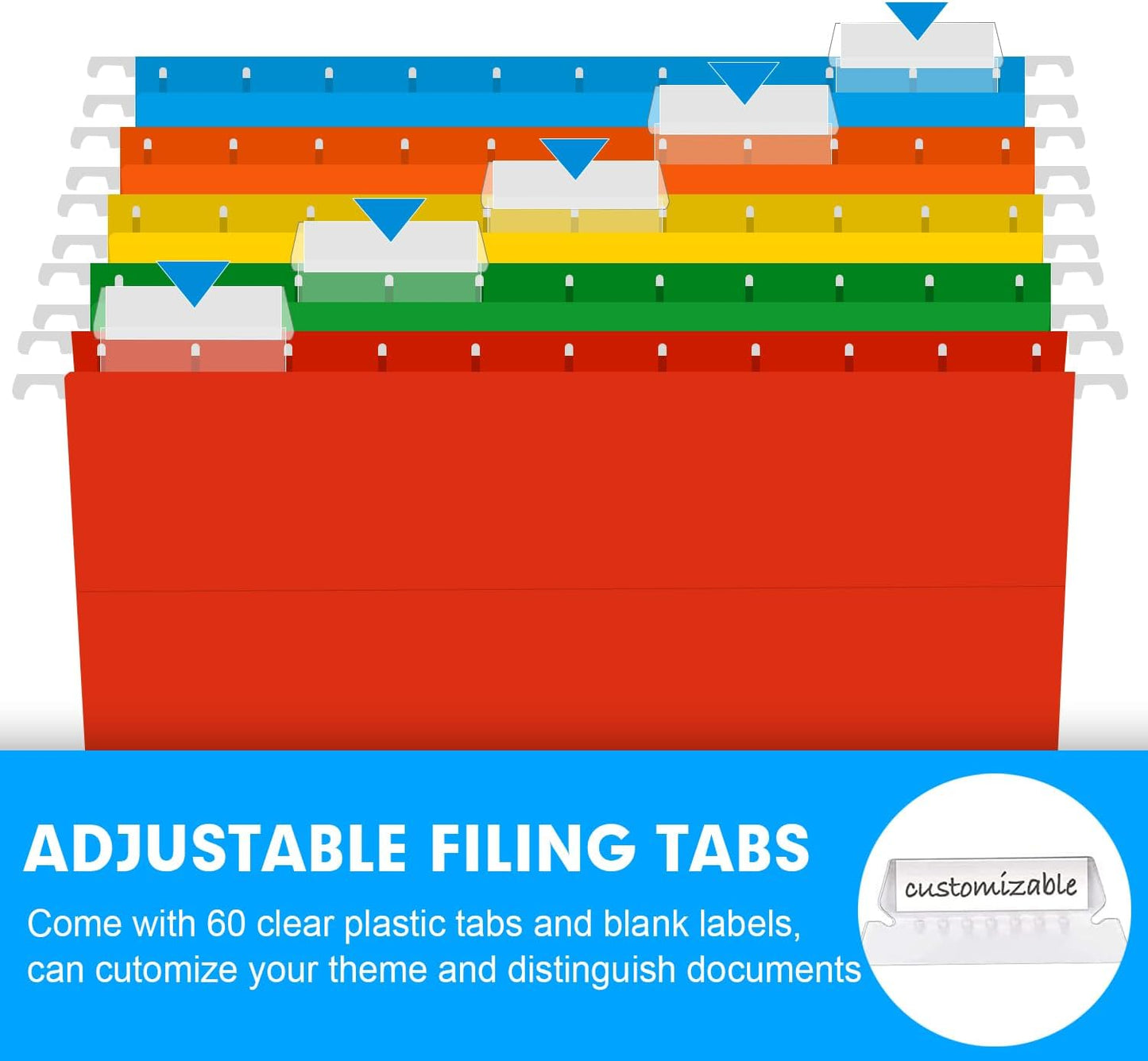 Extra Capacity Hanging File Folders, RAZCC 60 Pack Letter Size Reinforced Hanging Folders with Heavy Duty 3 Inch Expansion for Bulky Files, Filing Cabinet, Adjustable Tabs, Assorted Colors