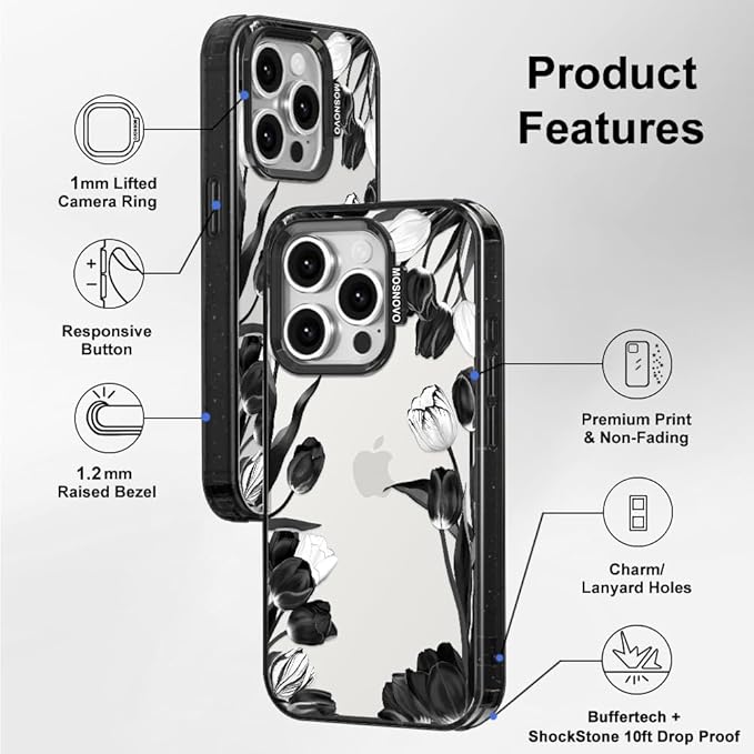 MOSNOVO Case for iPhone 15 Pro, [10ft 4X Military-Grade Drop Protection] Durable & Shockproof Phone Case Cover Design for iPhone 15 Pro - Black White Tulips - Clear Black